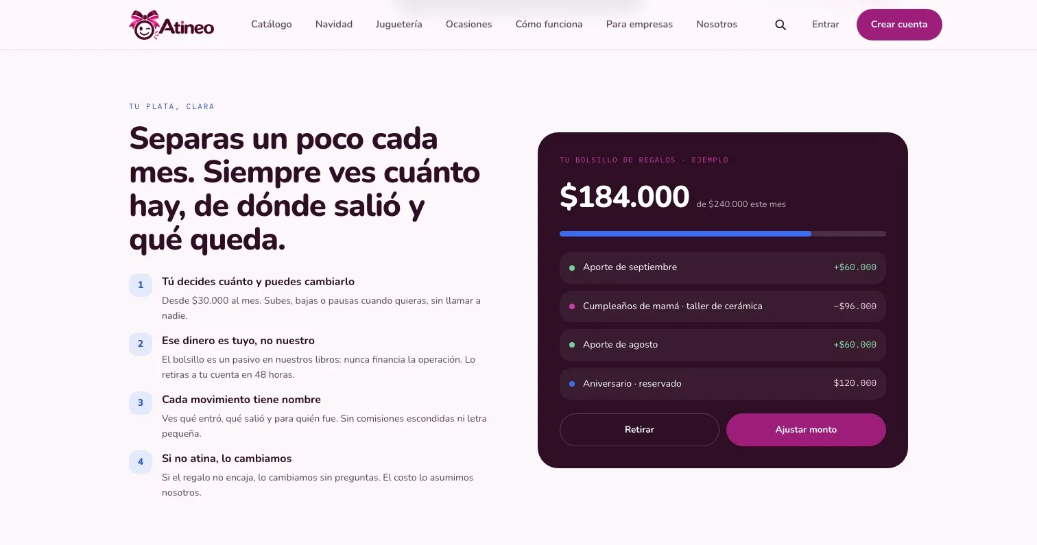 Sección «Tu plata, clara» de Atineo con las cuatro reglas del bolsillo y un ejemplo de saldo con aportes, un regalo pagado y uno reservado