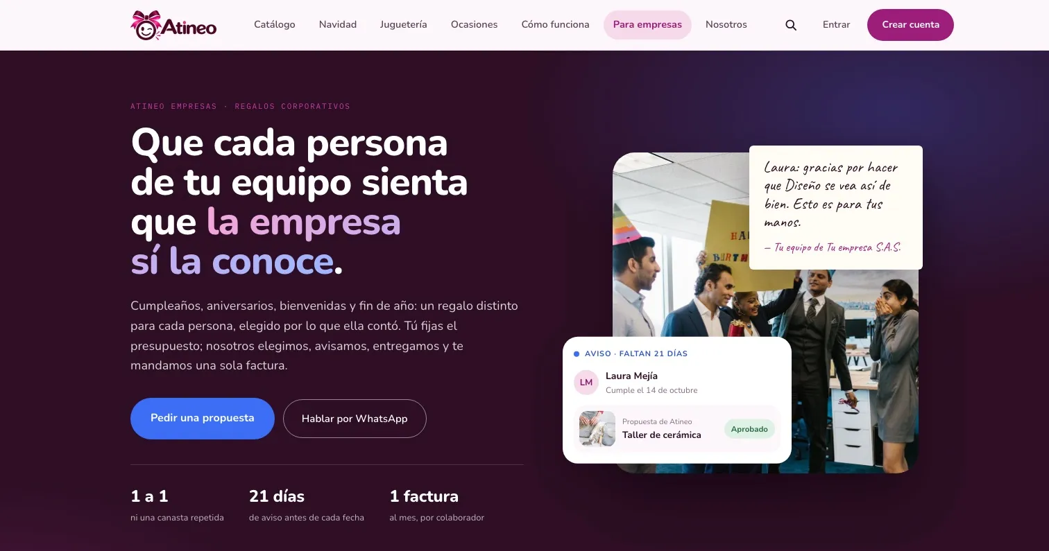 Página de Atineo Empresas con el titular sobre que cada persona del equipo sienta que la empresa la conoce, y el aviso de un cumpleaños con la propuesta aprobada