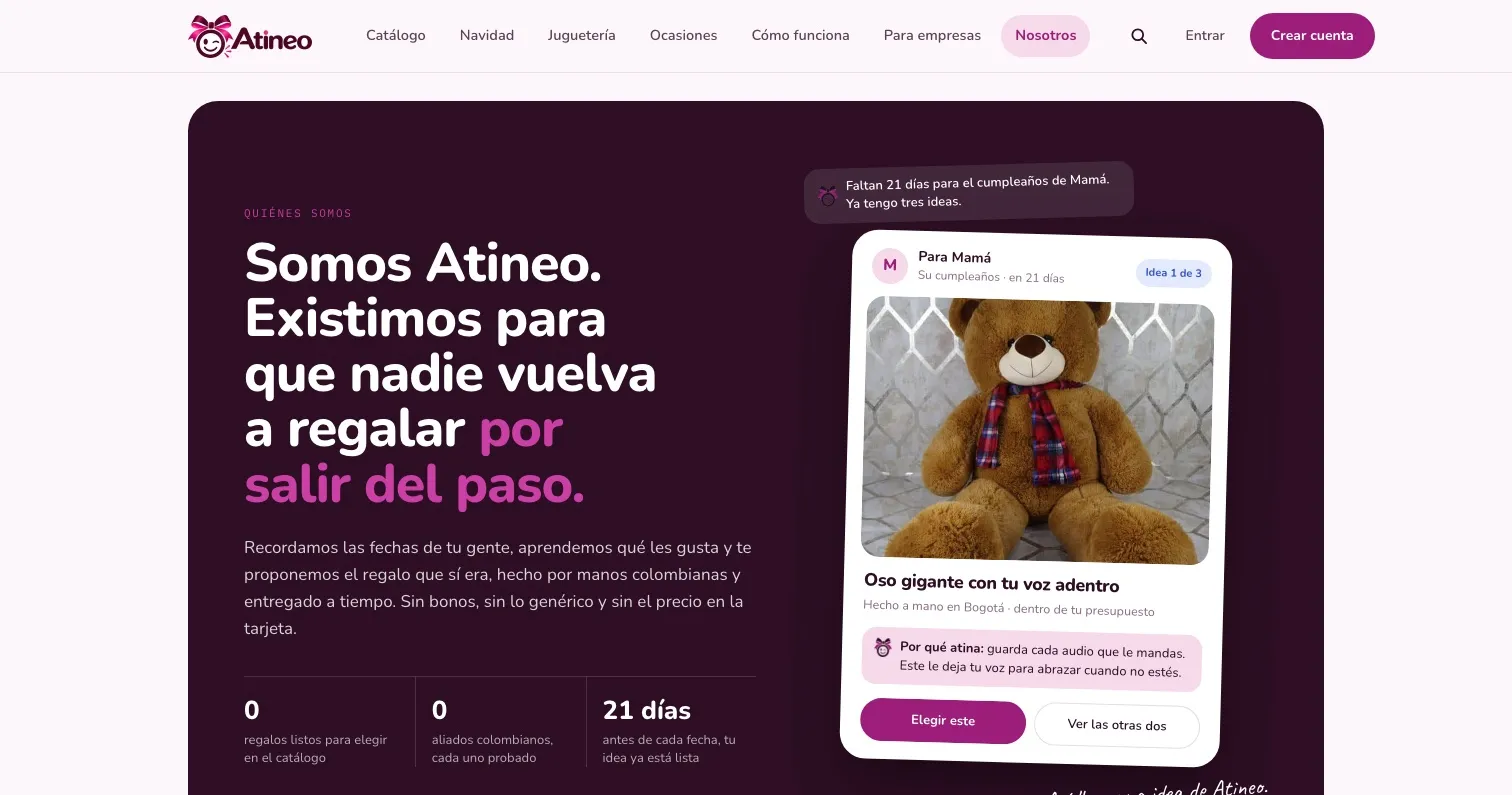 Página «Quiénes somos» de Atineo con una tarjeta de idea para el cumpleaños de mamá y la razón por la que atina