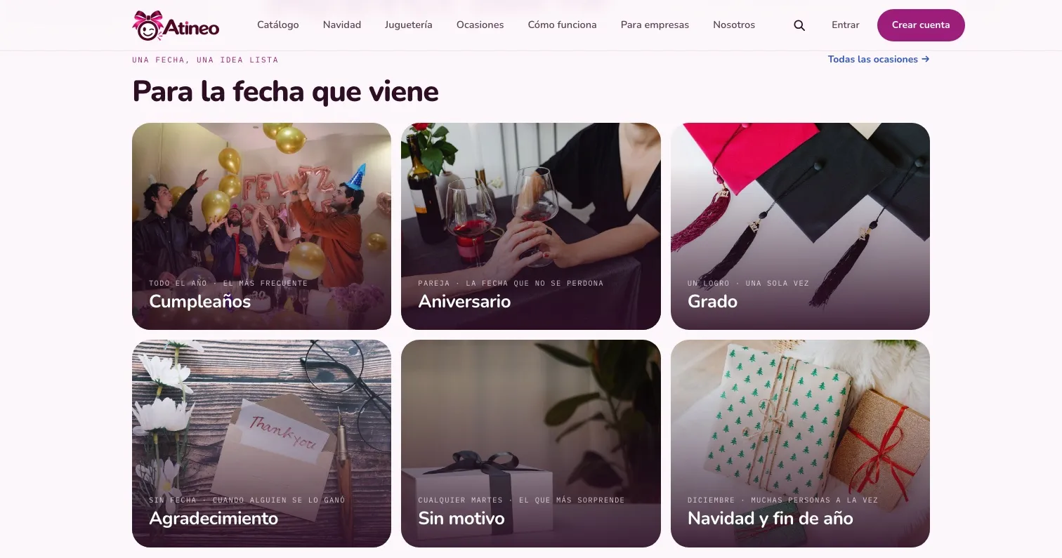 Rejilla de ocasiones de Atineo: cumpleaños, aniversario, grado, agradecimiento, sin motivo y Navidad y fin de año