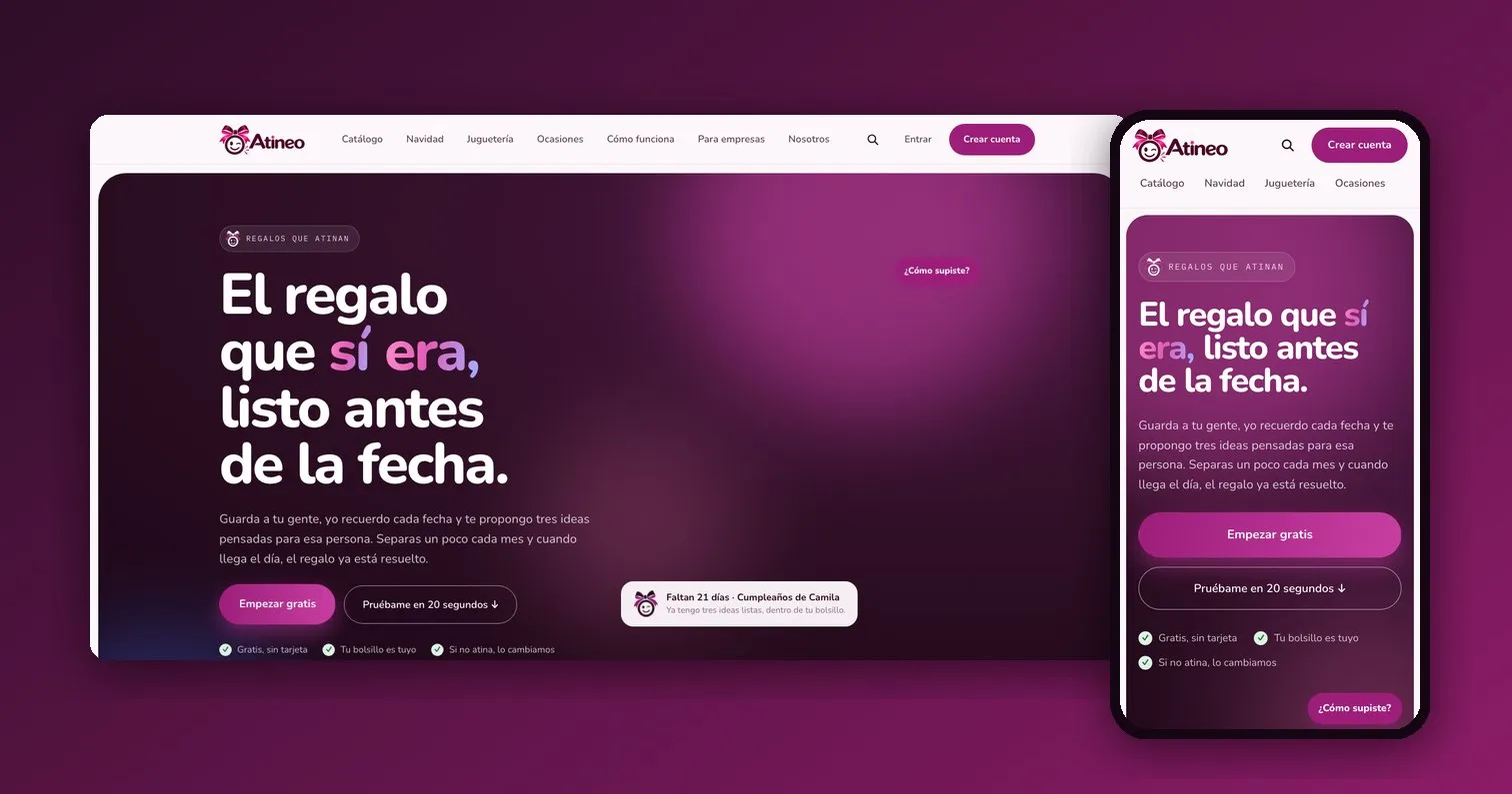Portada de atineo.co en escritorio y en teléfono, con el titular «El regalo que sí era, listo antes de la fecha»
