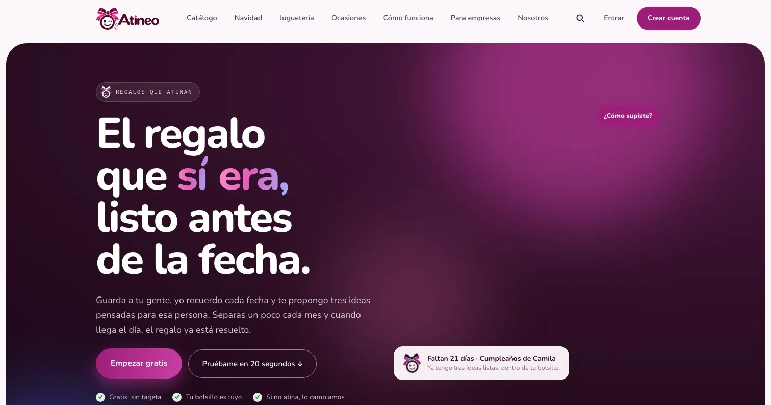 Portada de atineo.co sobre fondo ciruela, con el titular «El regalo que sí era, listo antes de la fecha» y el aviso de un cumpleaños a 21 días