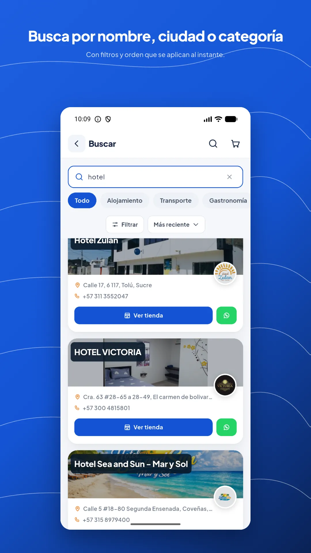 Pantalla de búsqueda de la app Conecta Región Caribe con los filtros por categoría y una lista de hoteles como resultado