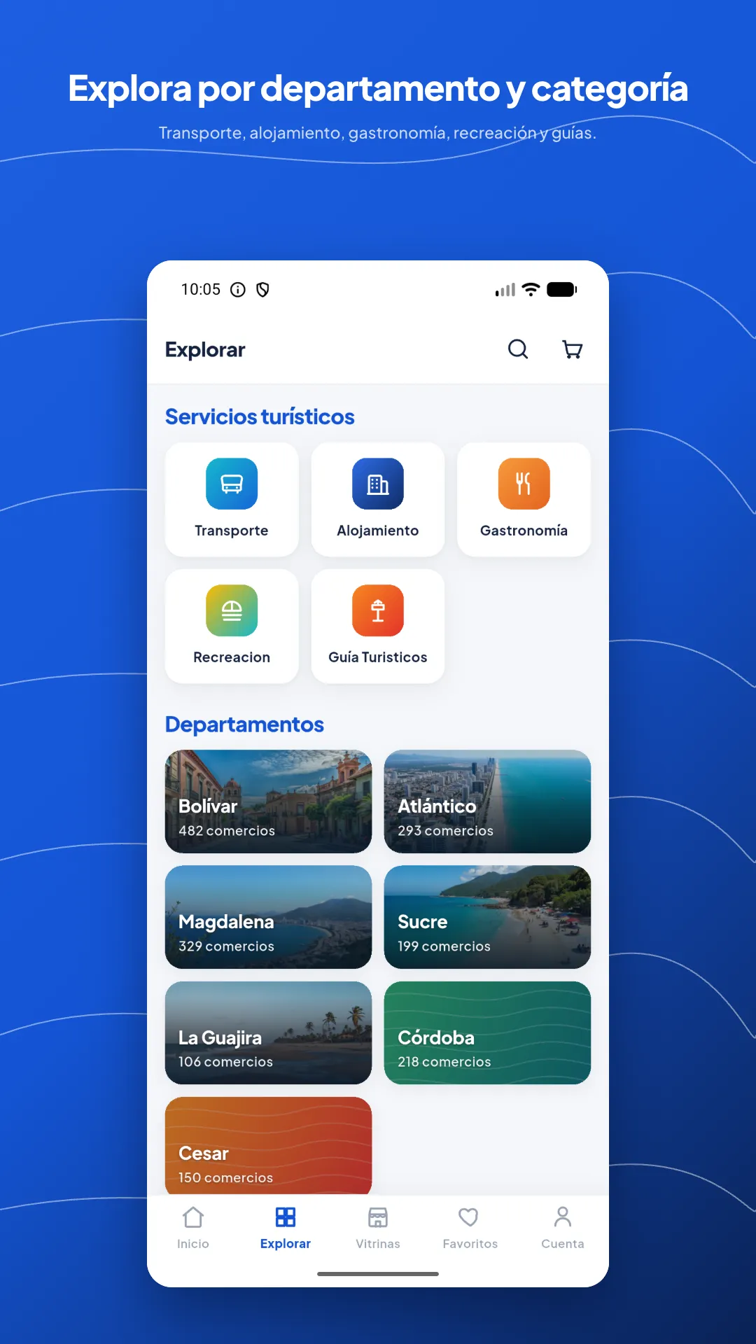 Pantalla «Explora por departamento y categoría» de la app Conecta Región Caribe, con el número de comercios de Bolívar, Atlántico, Magdalena, Sucre, La Guajira y Cesar