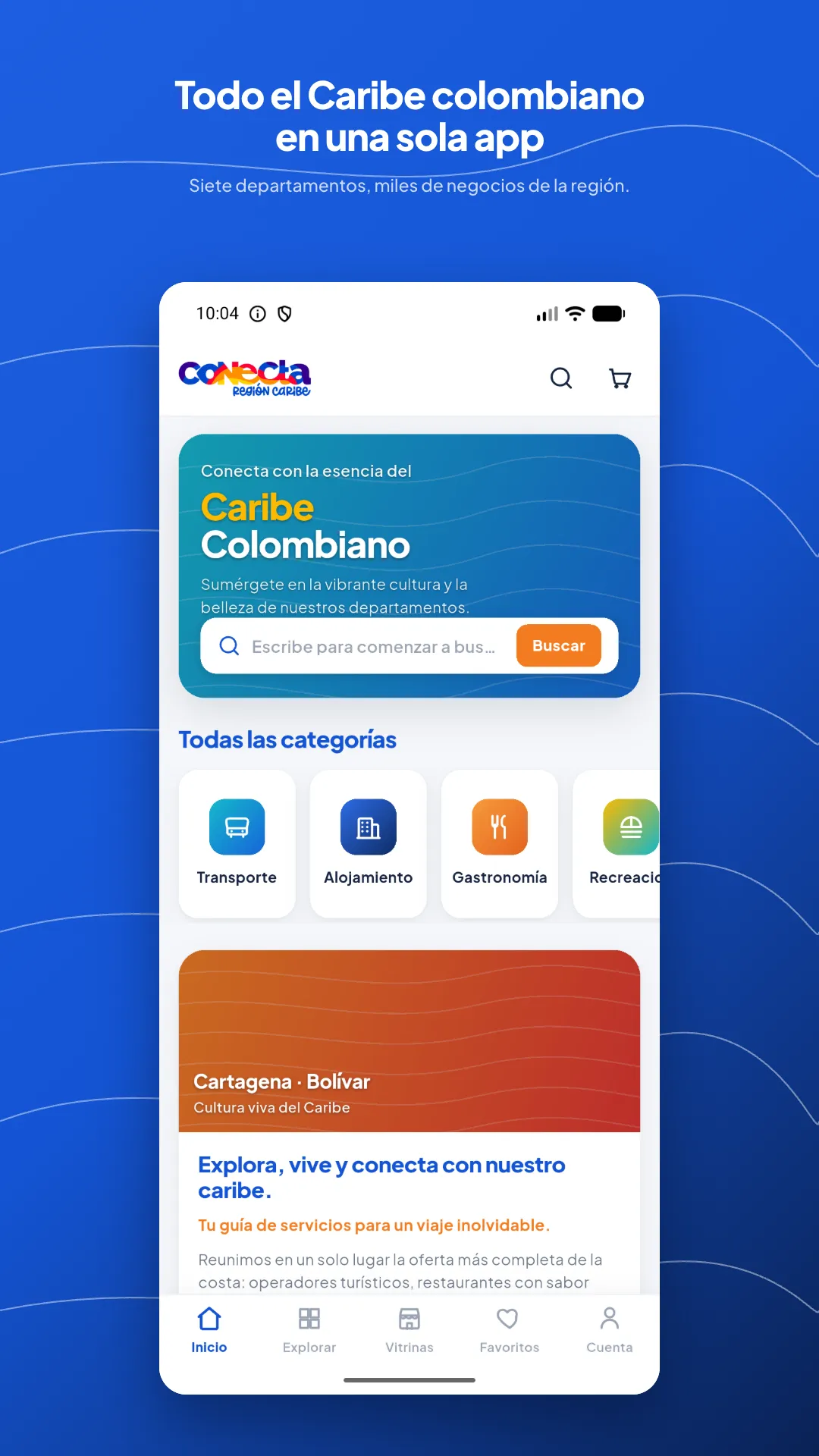 Pantalla de inicio de la app Conecta Región Caribe con el buscador y los accesos a transporte, alojamiento, gastronomía y recreación