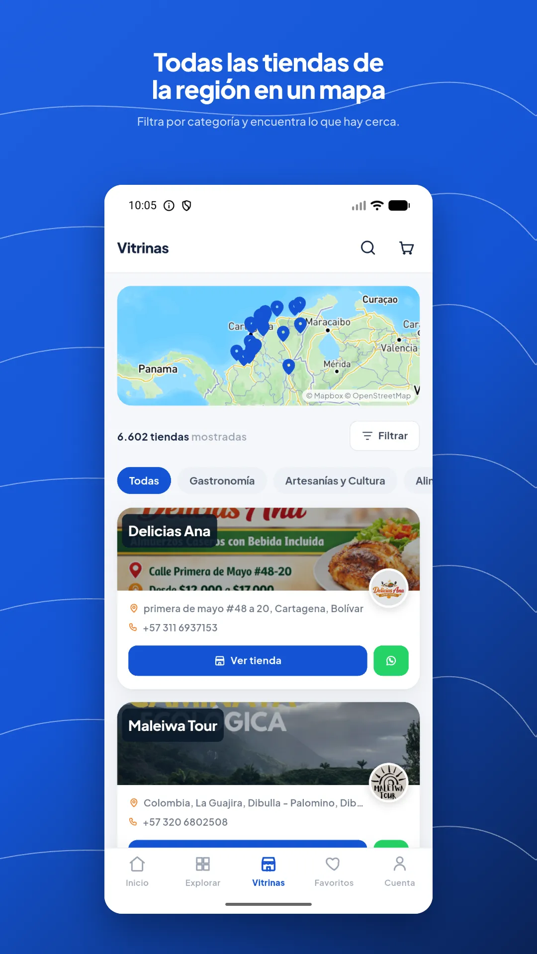 Pantalla de la app Conecta Región Caribe con el mapa de la costa y las tiendas cercanas listadas debajo