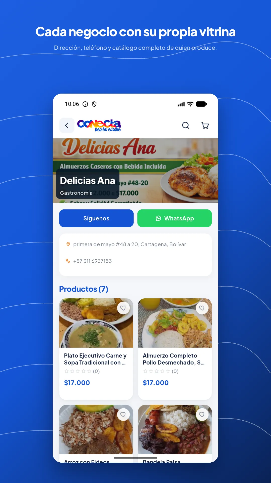 Vitrina de un negocio en la app Conecta Región Caribe, con su portada, su ubicación, su teléfono y su catálogo de productos