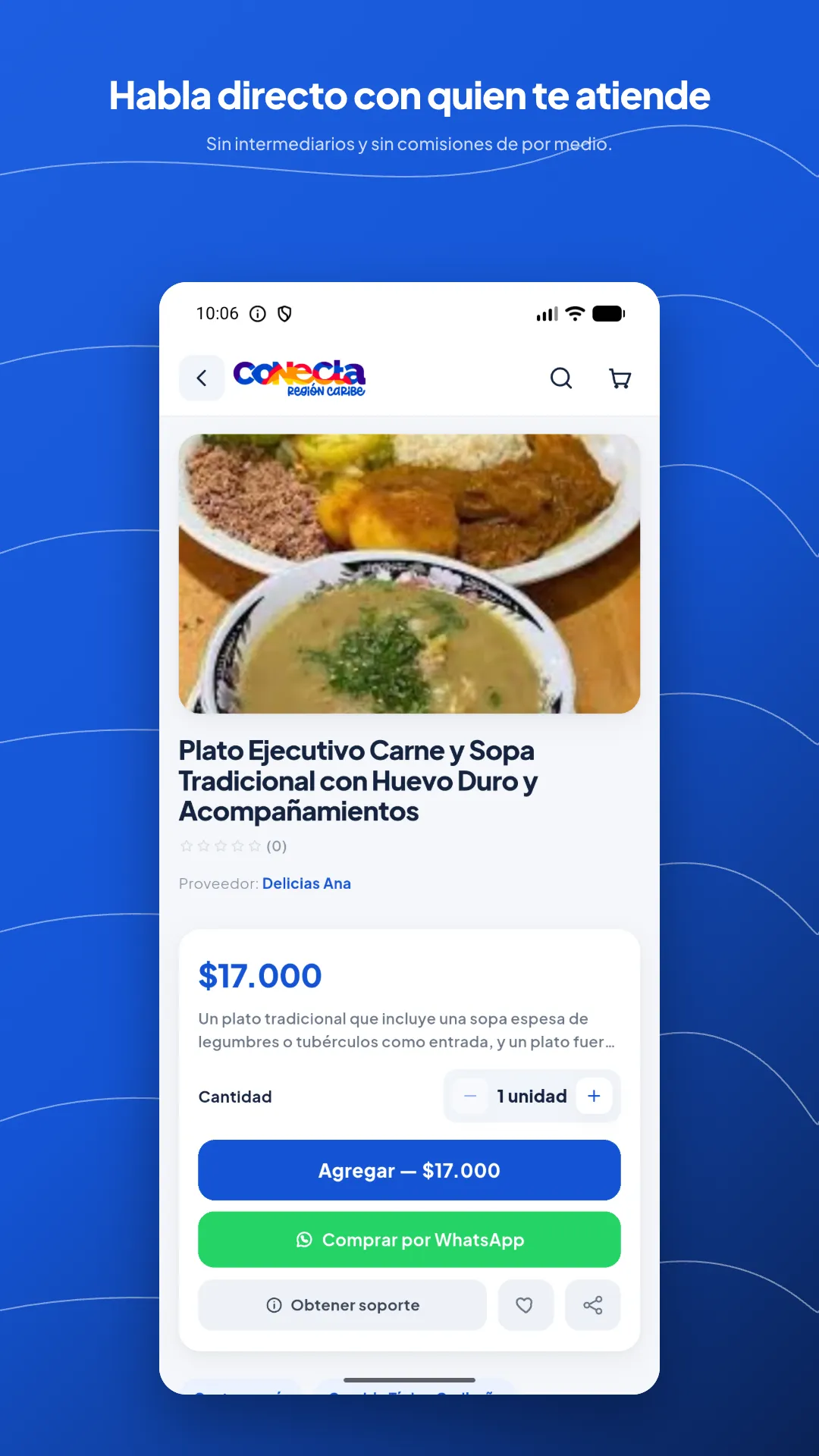 Pantalla de producto de la app Conecta Región Caribe con el precio, el botón de agregar y el botón de comprar por WhatsApp