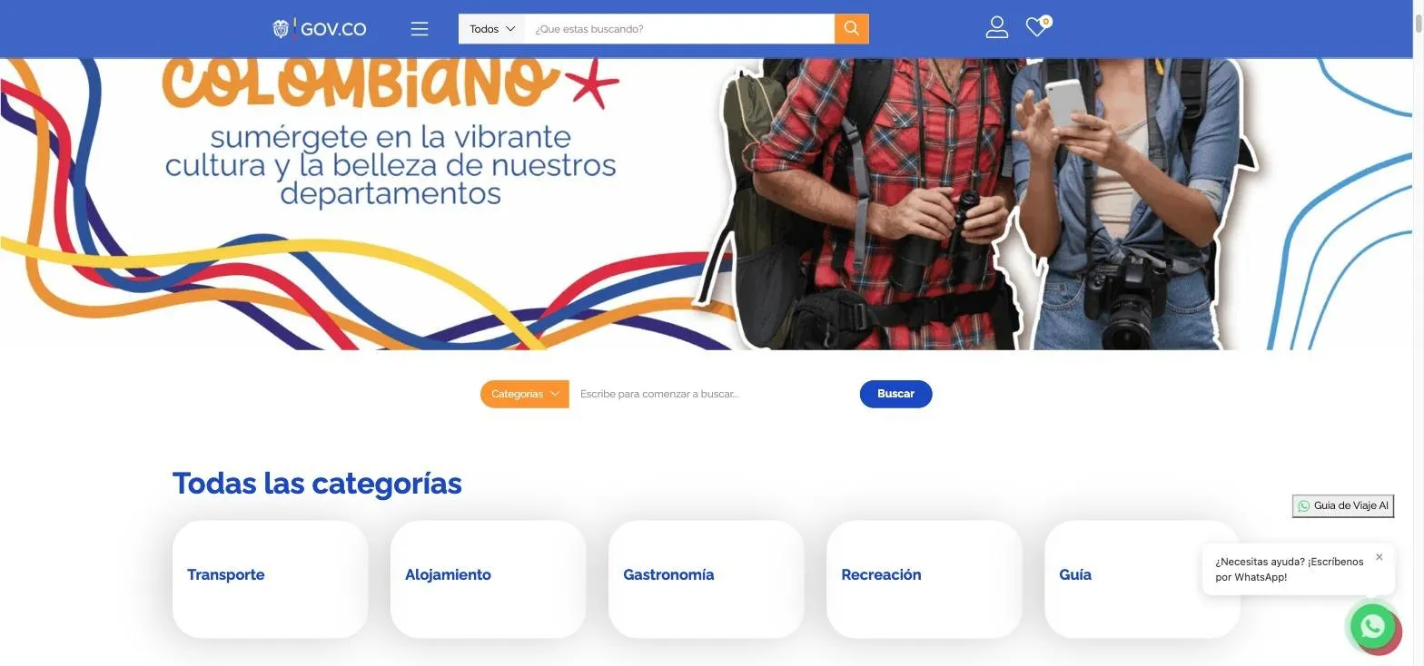 Buscador y bloque «Todas las categorías» de la portada de Conecta Región Caribe, con transporte, alojamiento, gastronomía, recreación y guía