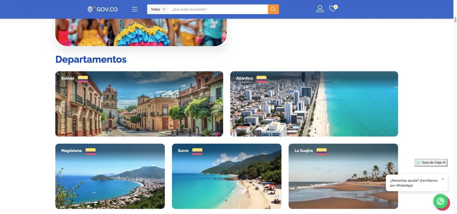 Sección de departamentos de Conecta Región Caribe con las fichas de Bolívar, Atlántico, Magdalena, Sucre y La Guajira