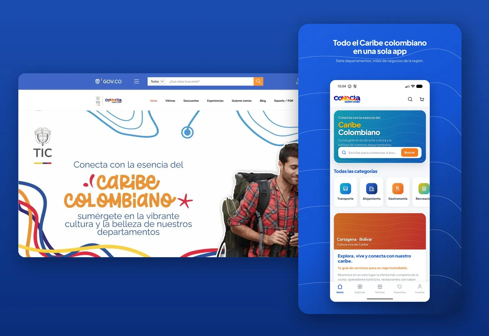 Portada de conectaregioncaribe.com.co junto a la pantalla de inicio de la app Conecta Región Caribe
