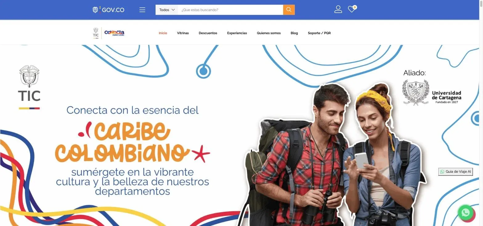 Portada de conectaregioncaribe.com.co, con el buscador de la plataforma y los sellos del MinTIC y de la Universidad de Cartagena