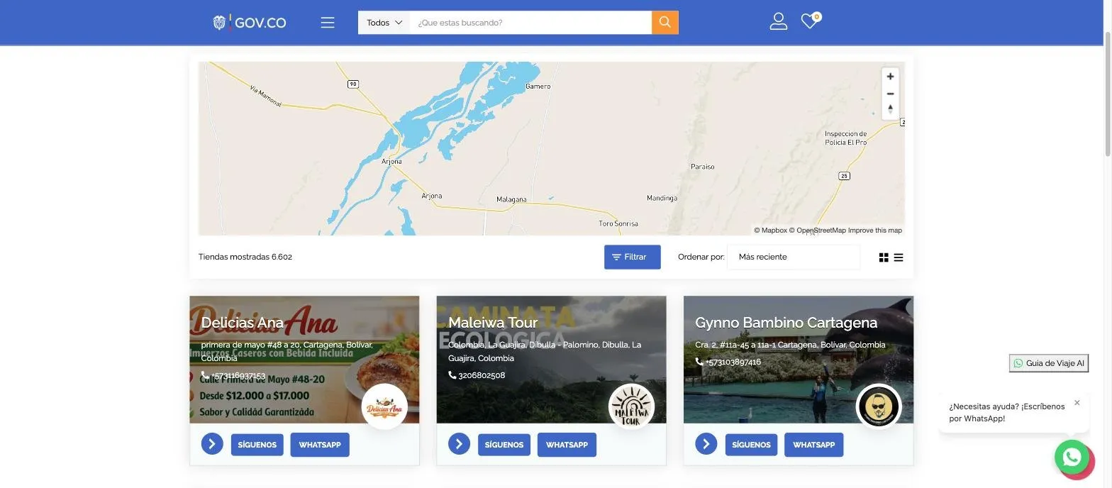 Directorio de vitrinas de Conecta Región Caribe con el mapa de la costa arriba y las primeras tiendas listadas con su dirección y su teléfono