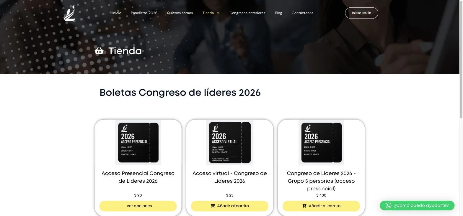 Tienda del Congreso de Líderes con las tres boletas de la edición 2026: acceso presencial, acceso virtual y grupo de cinco personas