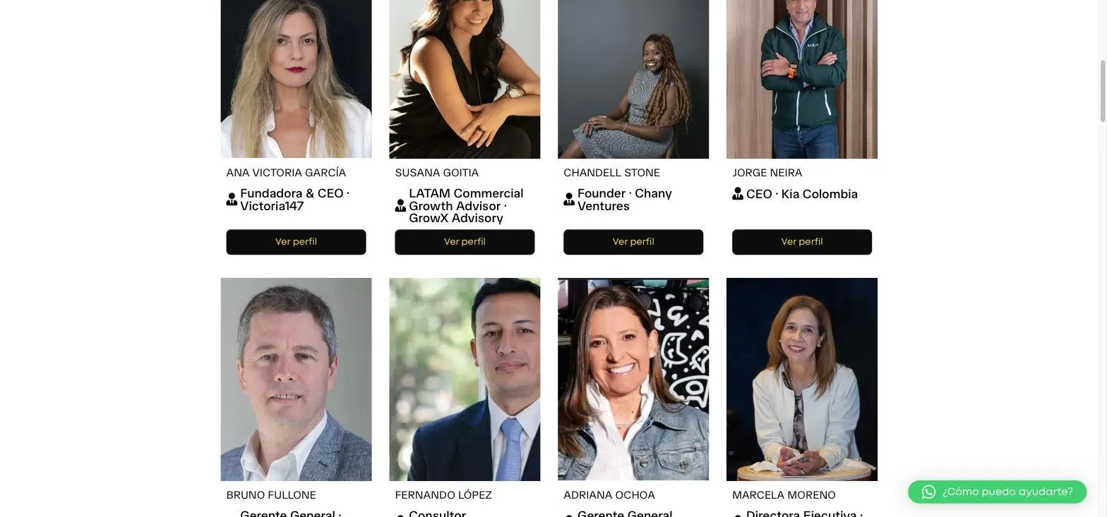 Rejilla de panelistas del Congreso de Líderes 2026, cada uno con su foto, su cargo y un botón para ver el perfil