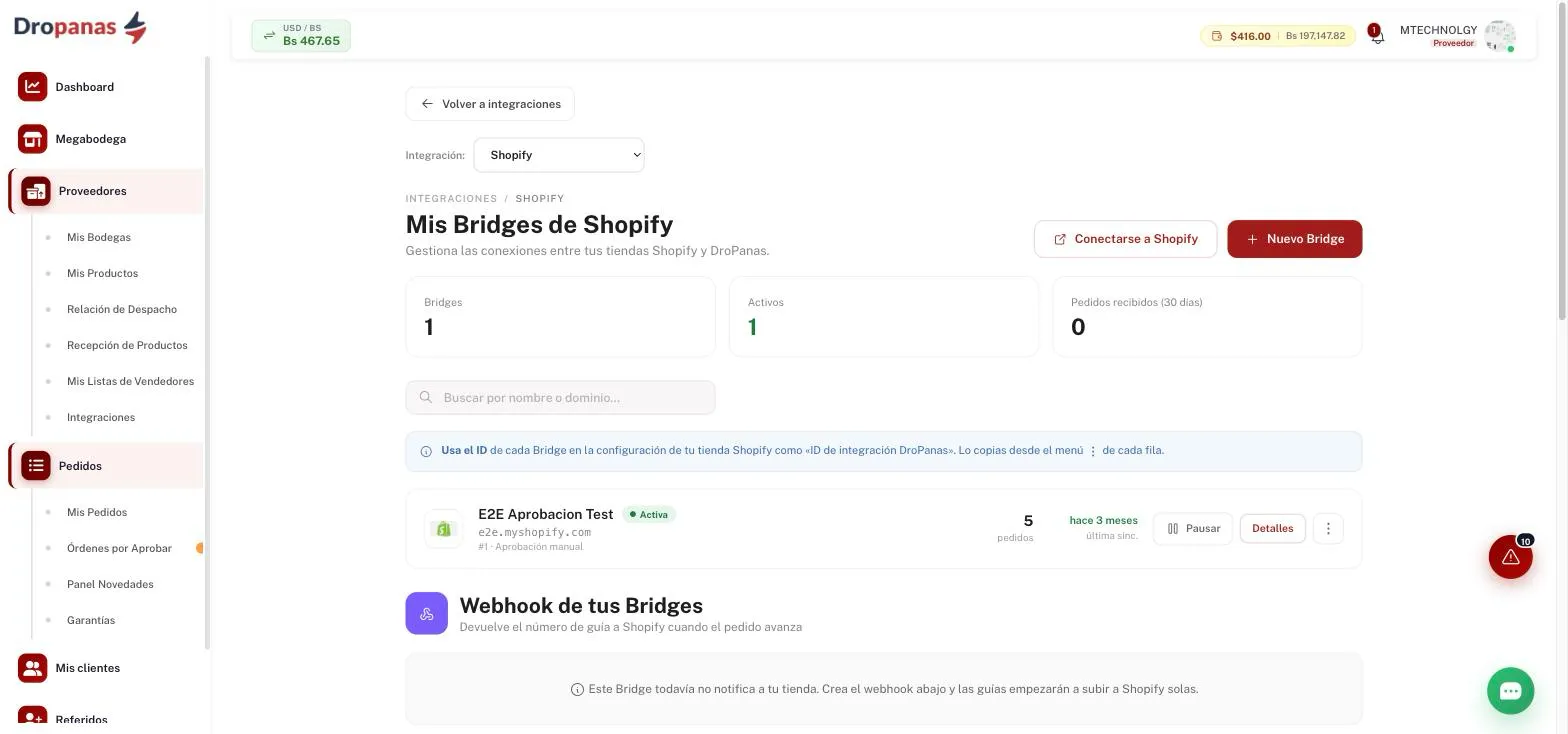 Pantalla de integraciones de Dropanas para conectar una tienda de Shopify mediante un bridge