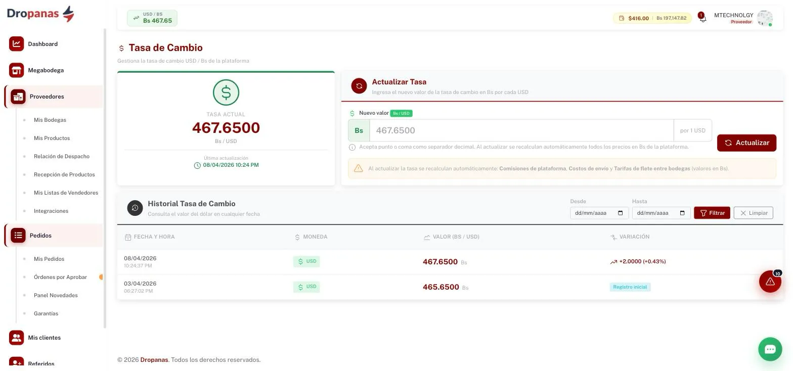 Pantalla de tasa de cambio de Dropanas con el valor actual en bolívares por dólar y su historial