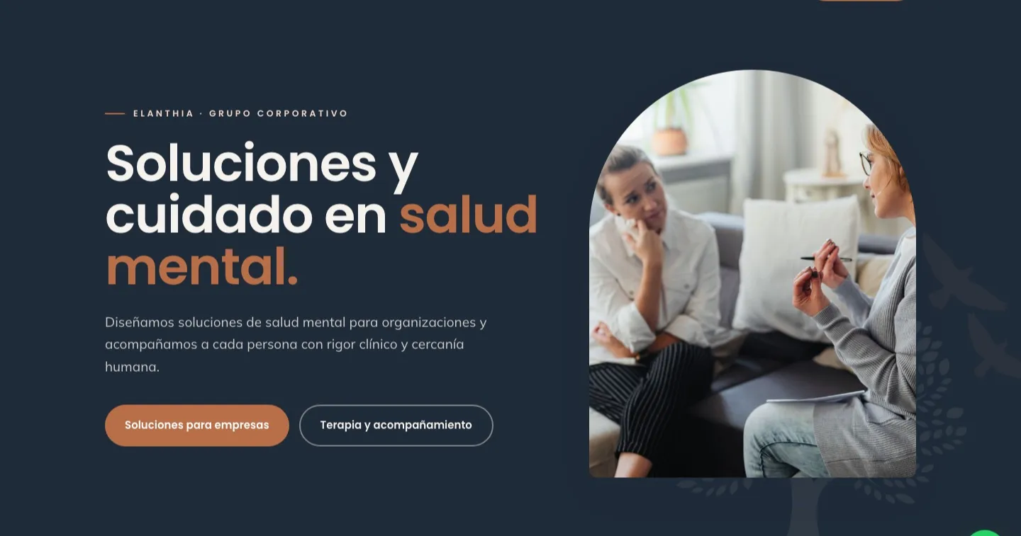 Portada de elanthia.co con el titular «Soluciones y cuidado en salud mental»