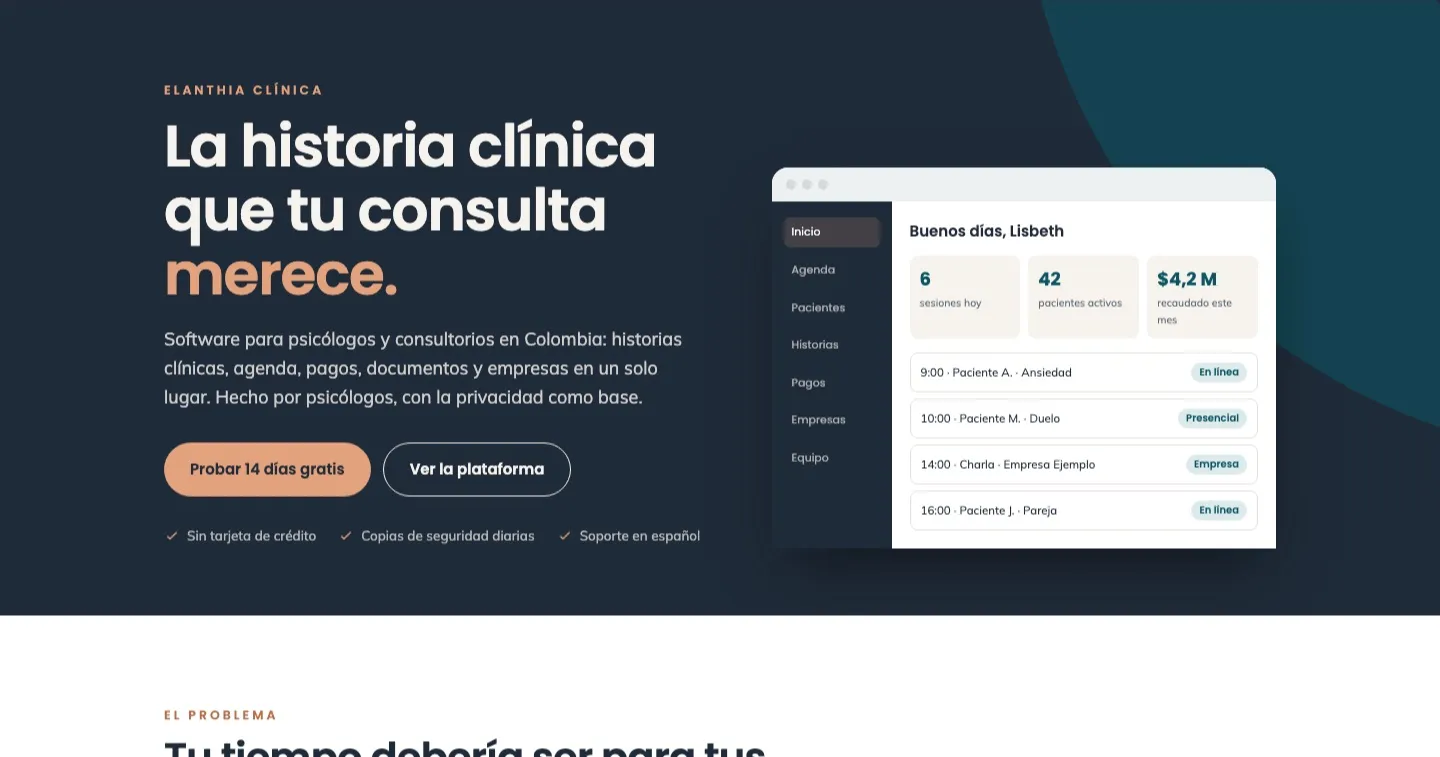 Página de Elanthia Clínica con el titular «La historia clínica que tu consulta merece» y el panel de inicio del software con datos de muestra