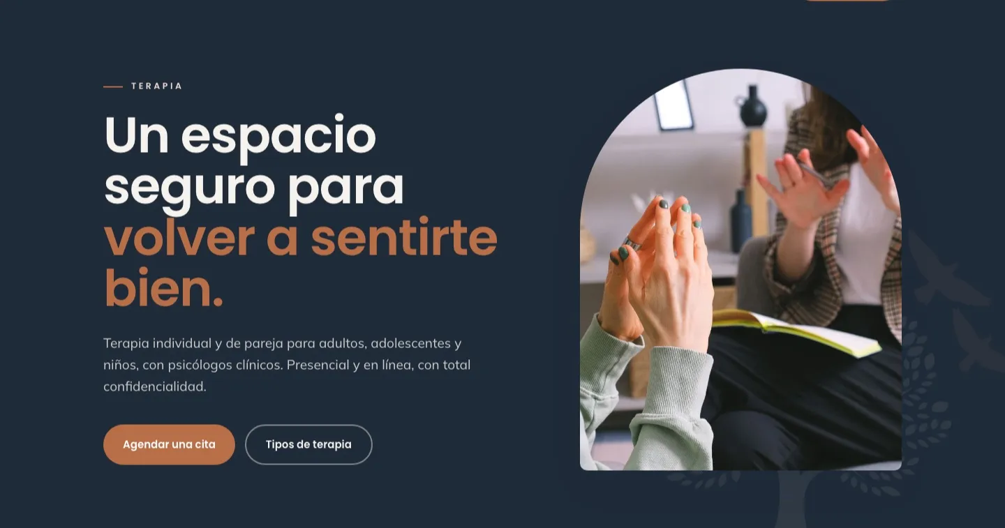 Página de terapia de elanthia.co con el titular «Un espacio seguro para volver a sentirte bien» y el botón para agendar una cita