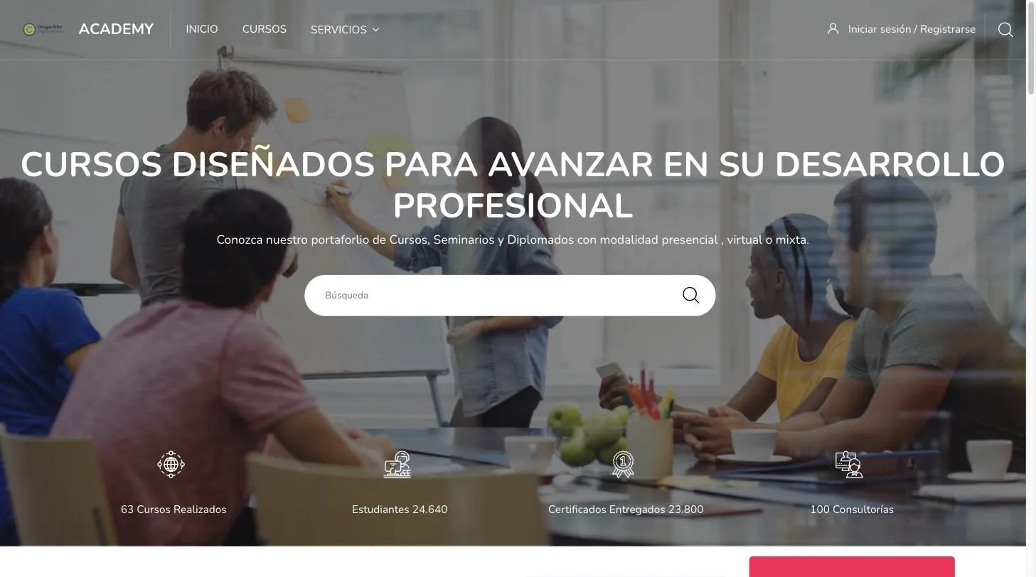 Portada de academia.gelite.org, la plataforma académica de Grupo Élite, con el buscador de cursos y el marcador de cursos realizados, estudiantes y certificados entregados