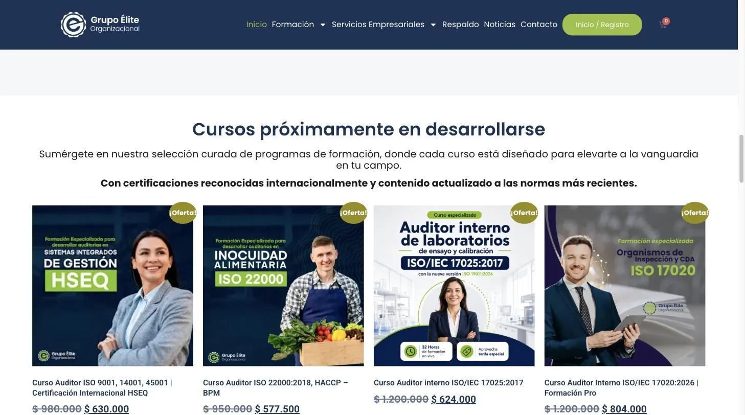 Rejilla de cursos de Grupo Élite con las piezas gráficas de cada programa, la insignia de oferta y el precio tachado junto al precio actual