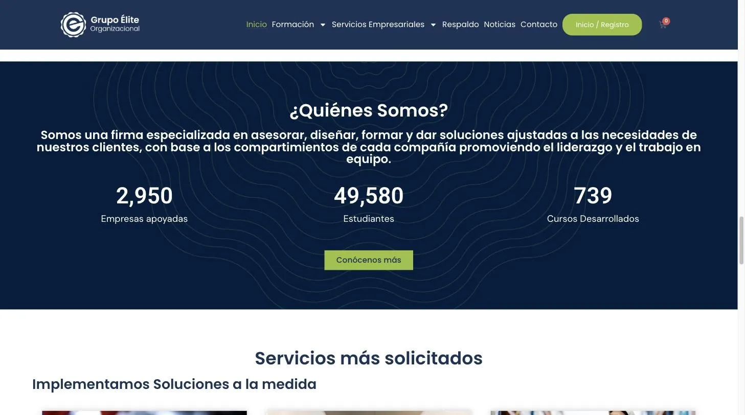 Sección «¿Quiénes somos?» del sitio de Grupo Élite sobre fondo azul noche, con los contadores de empresas apoyadas, estudiantes y cursos desarrollados