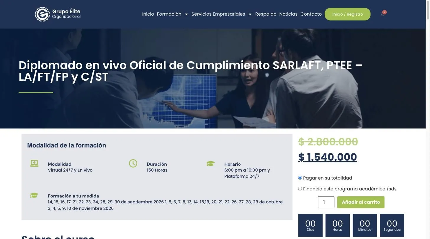 Ficha del Diplomado Oficial de Cumplimiento en el sitio de Grupo Élite, con modalidad, duración, horario, calendario de fechas y el precio con opción de financiación