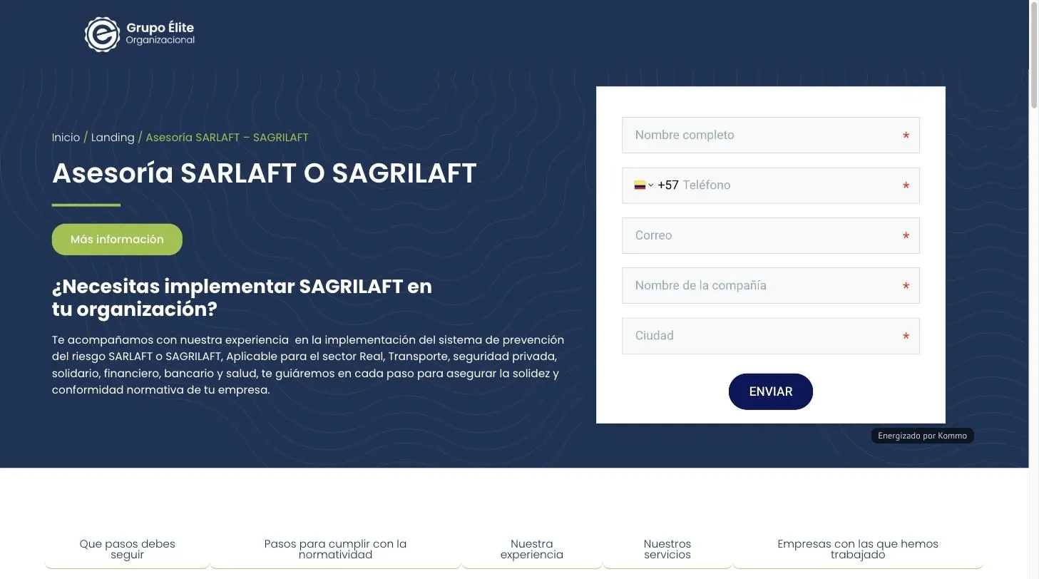 Landing de asesoría SARLAFT y SAGRILAFT de Grupo Élite, con el formulario de contacto a la derecha y una barra de anclas a las cinco secciones de la página