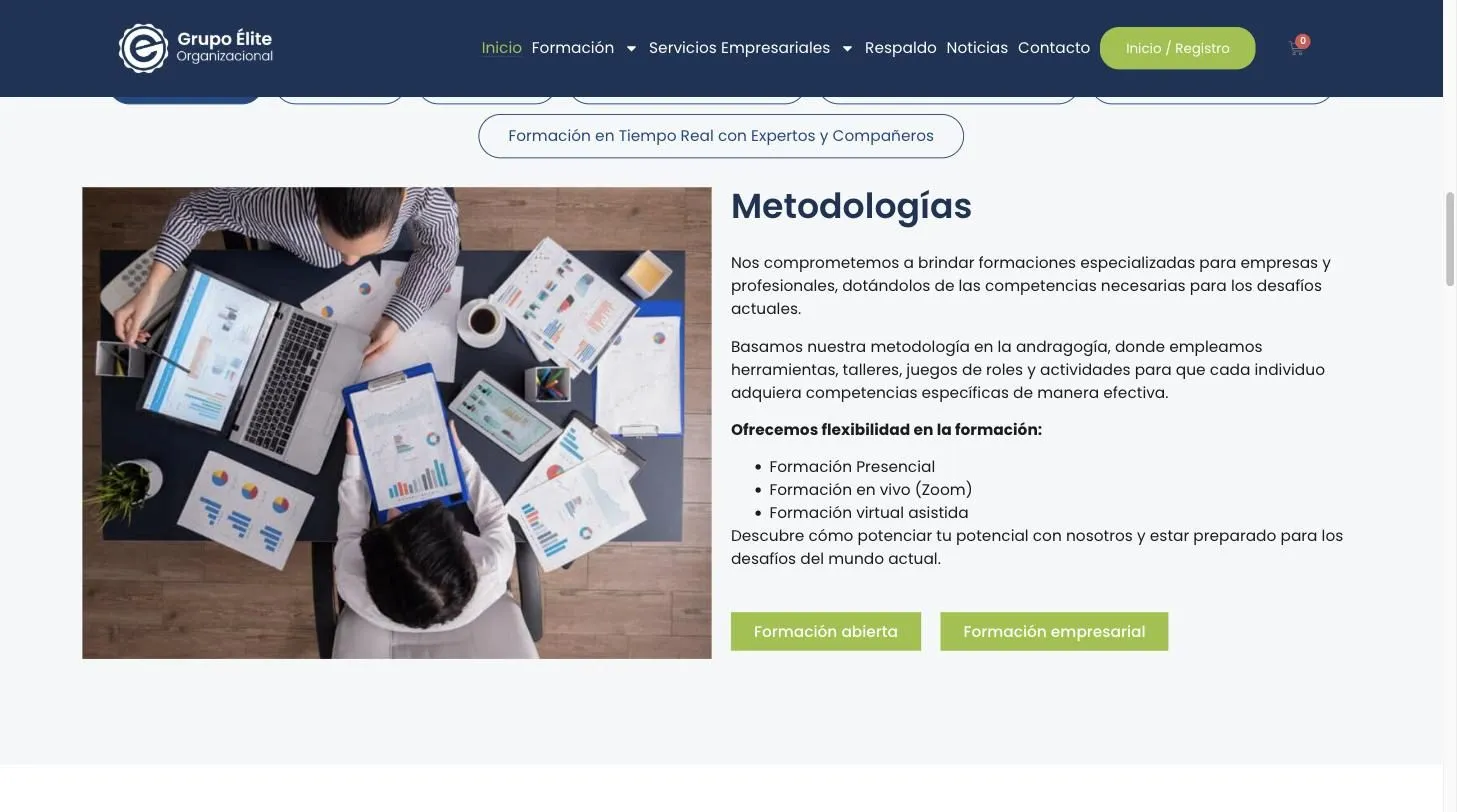 Pestañas de metodología en el sitio de Grupo Élite, con la ficha de Metodologías abierta sobre una fotografía cenital de un equipo trabajando