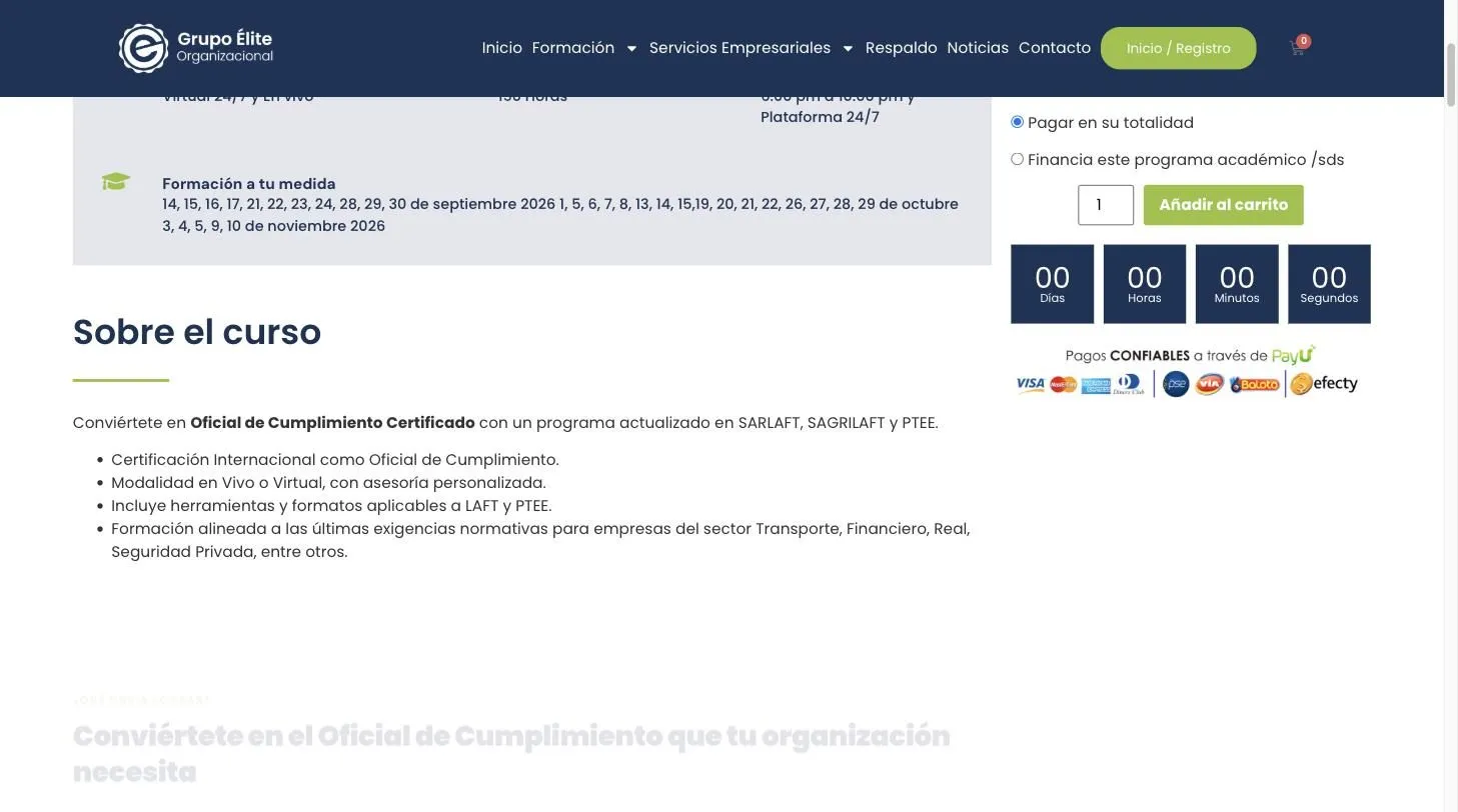 Bloque «Sobre el curso» del sitio de Grupo Élite junto al panel de compra con los medios de pago de PayU: tarjetas, PSE, Baloto y Efecty