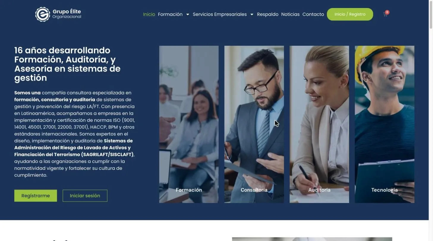 Portada del sitio de Grupo Élite Organizacional sobre azul noche, con el titular de dieciséis años en sistemas de gestión y cuatro tarjetas verticales de servicio