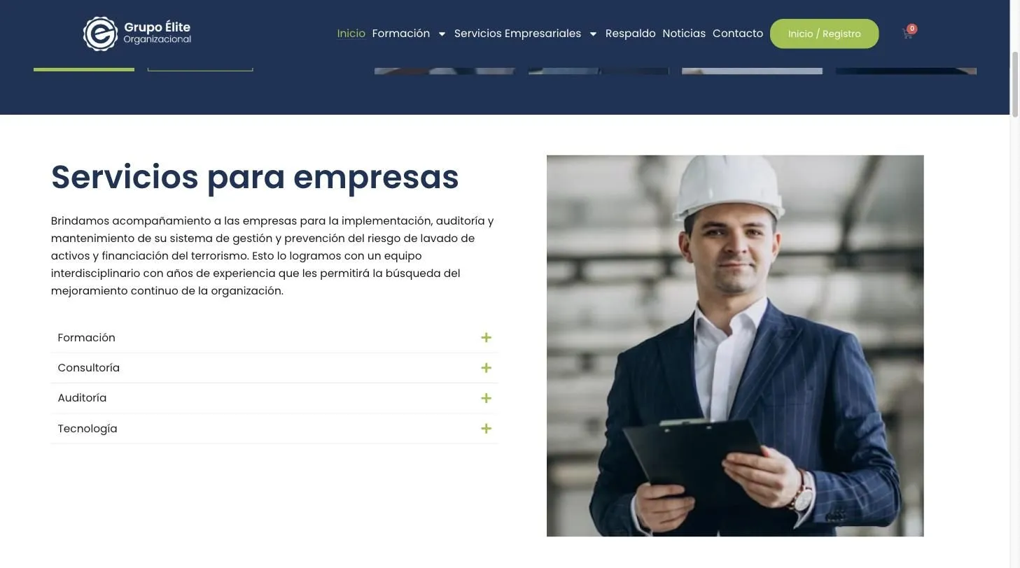 Sección «Servicios para empresas» del sitio de Grupo Élite con un acordeón de Formación, Consultoría, Auditoría y Tecnología junto a la fotografía de un consultor