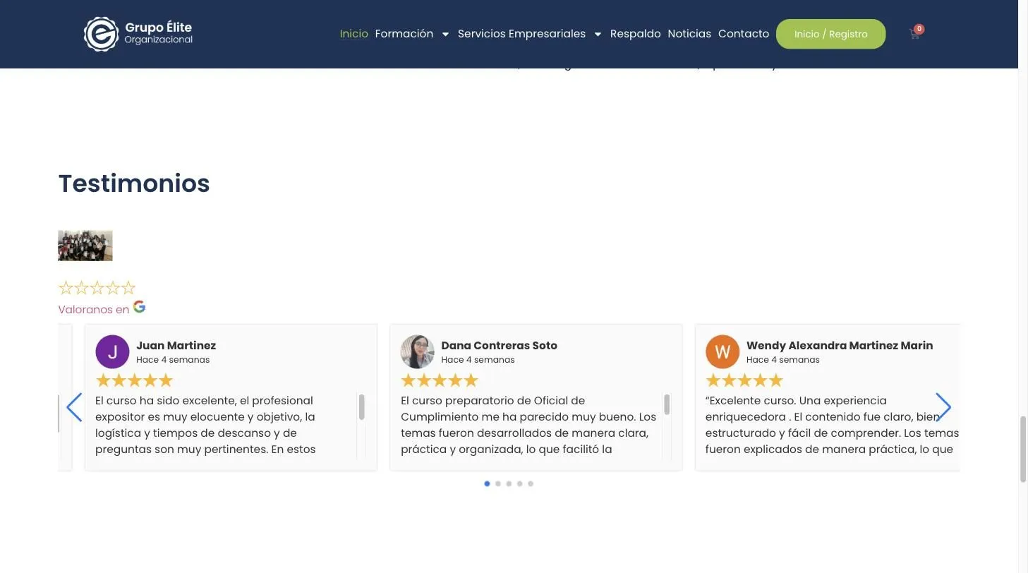 Sección de testimonios del sitio de Grupo Élite con reseñas de Google de estudiantes, cada una con su calificación de cinco estrellas