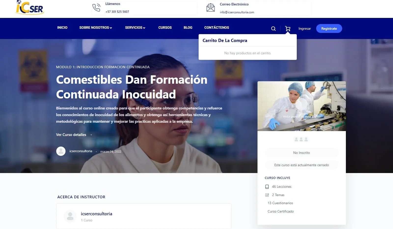 Ficha de un curso con el carrito de compra en la plataforma de ICSER
