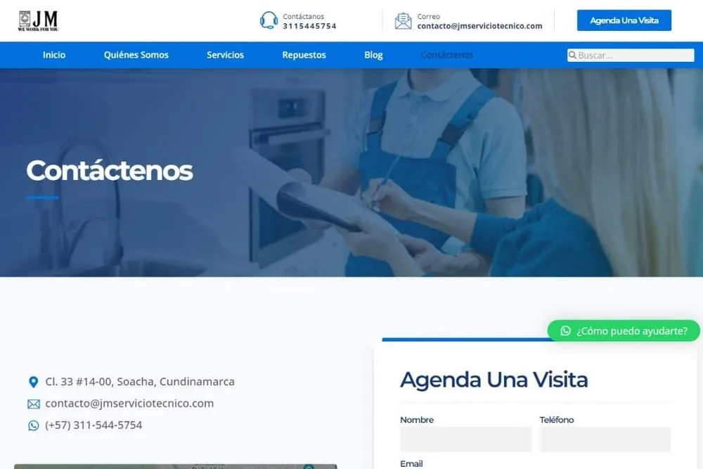 Formulario para agendar una visita técnica en el sitio de JM