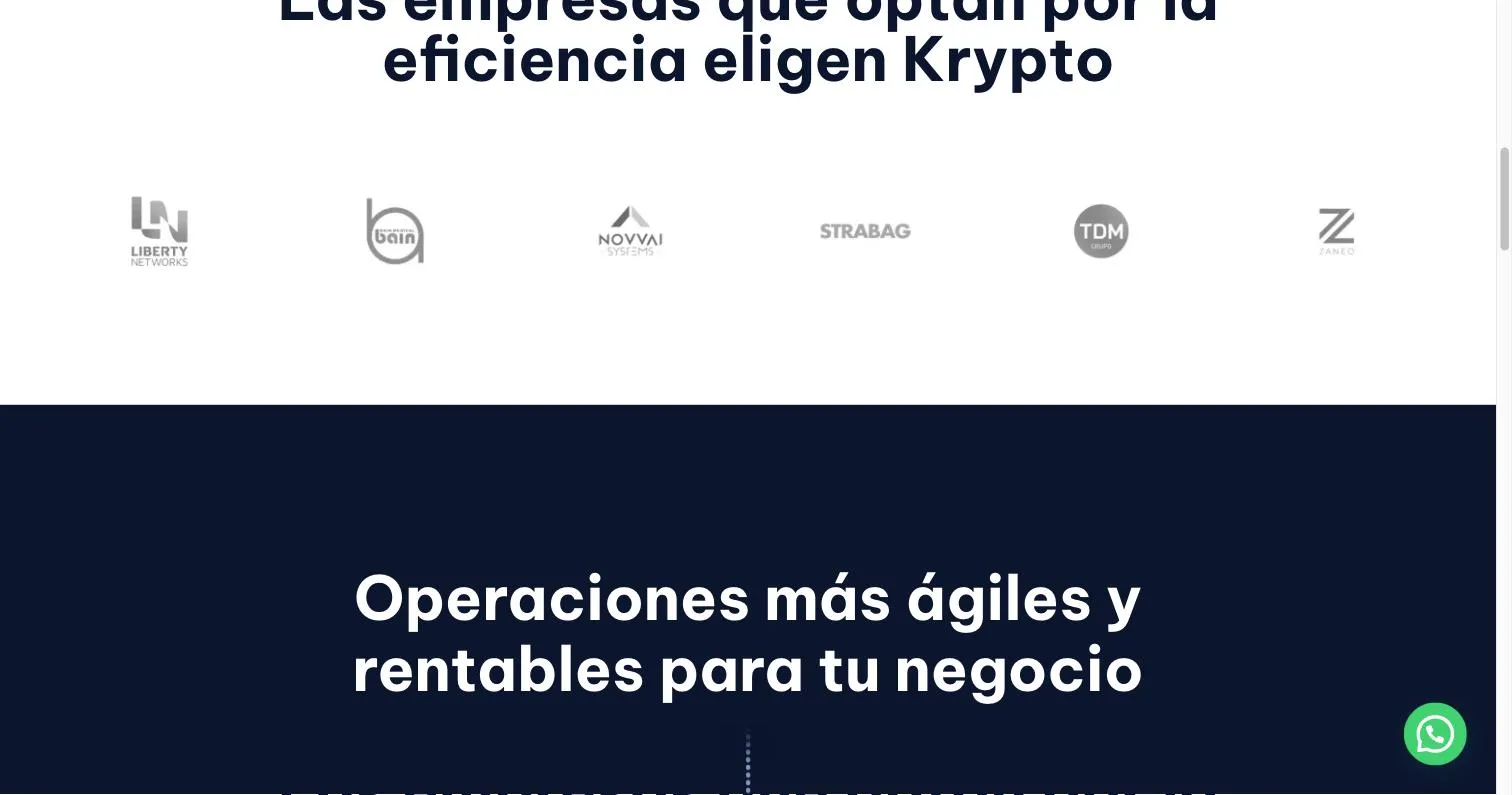 Fila de logotipos de clientes de Krypto en escala de grises bajo el titular sobre las empresas que eligen Krypto