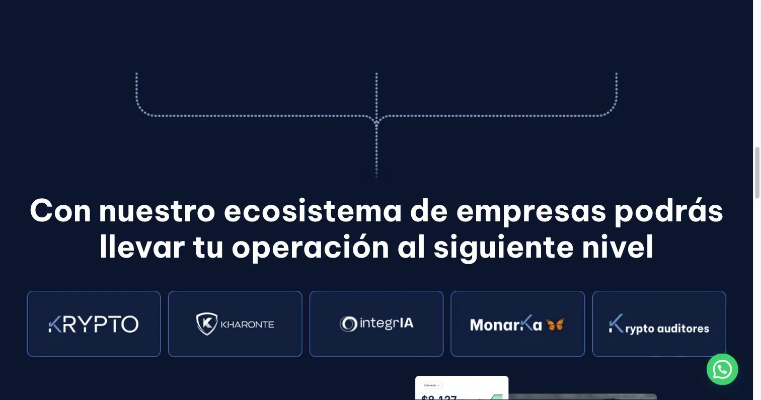 Franja del sitio de Krypto con las cinco marcas del grupo alineadas bajo un diagrama de líneas punteadas