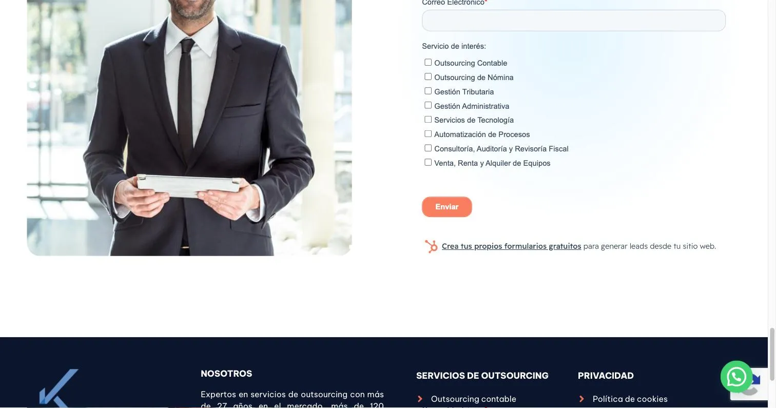 Formulario de contacto de Krypto con casillas para elegir el servicio de interés entre ocho opciones