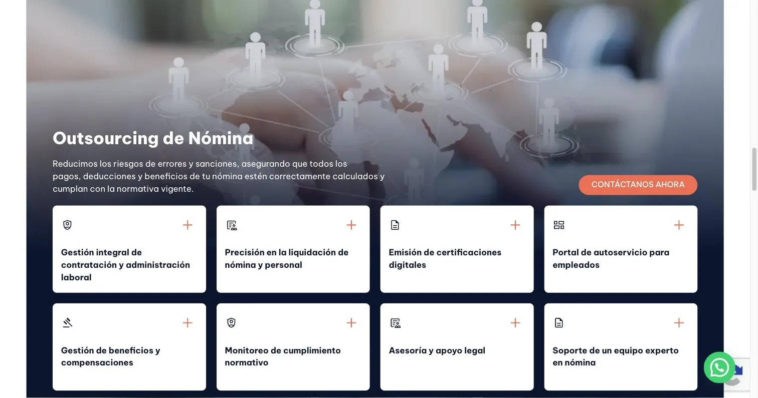 Bloque de Outsourcing de Nómina en el sitio de Krypto, con tarjetas de liquidación, certificaciones digitales y portal de autoservicio