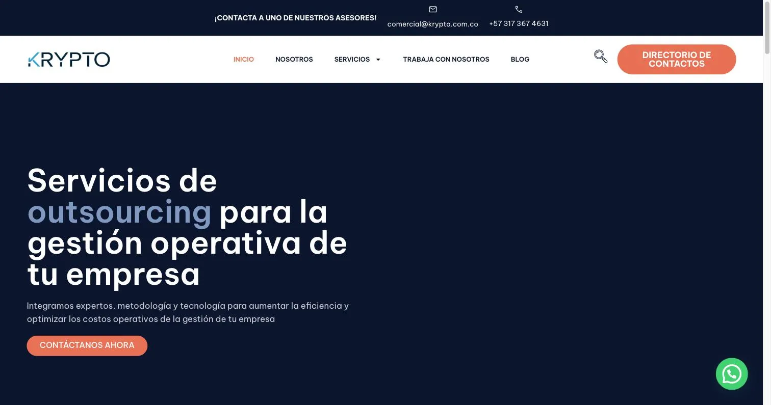 Portada del sitio de Krypto sobre fondo azul noche, con el titular sobre servicios de outsourcing para la gestión operativa