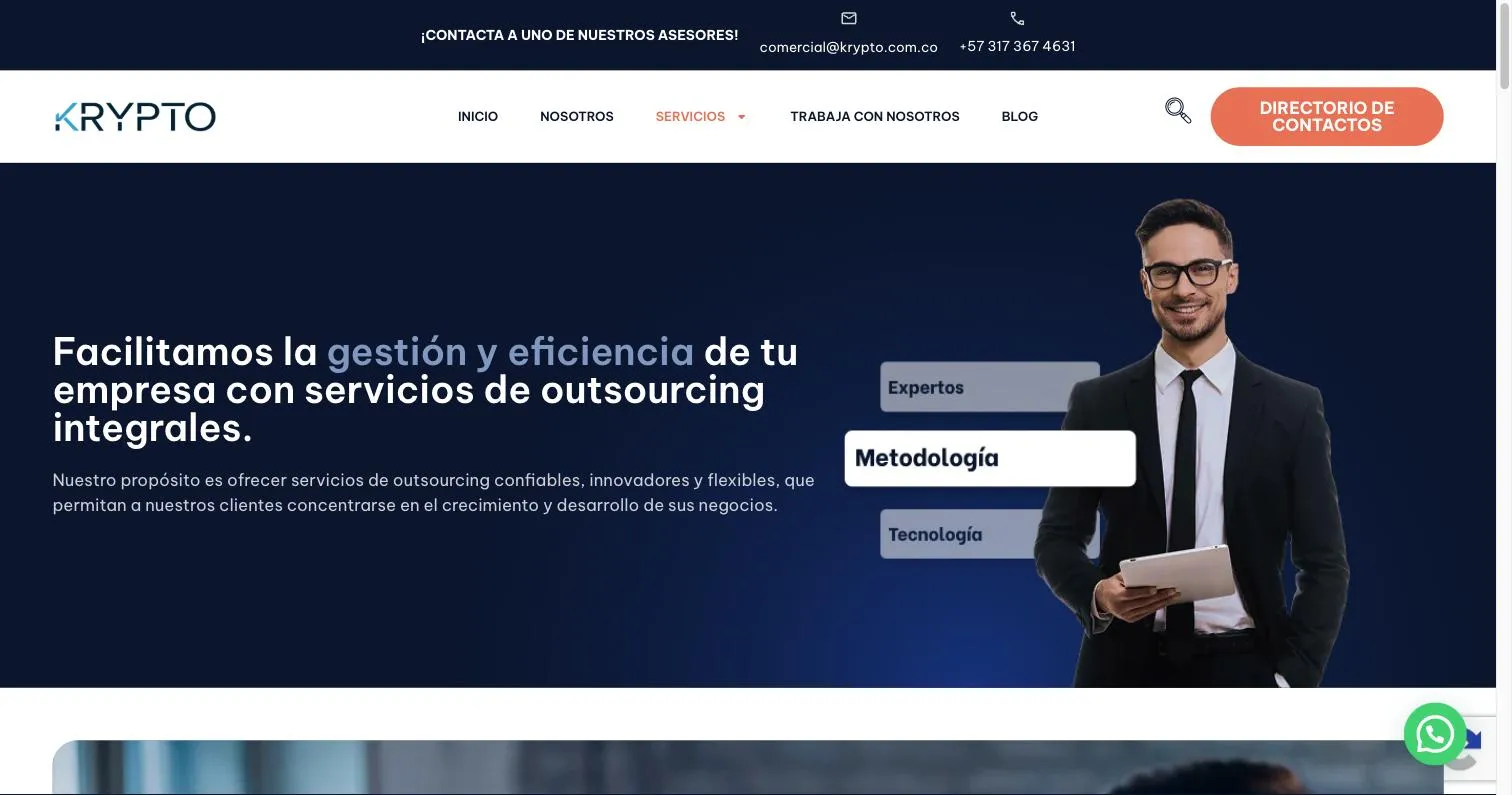 Página de servicios de Krypto con el propósito de la empresa y una composición de tarjetas de experiencia, metodología y tecnología