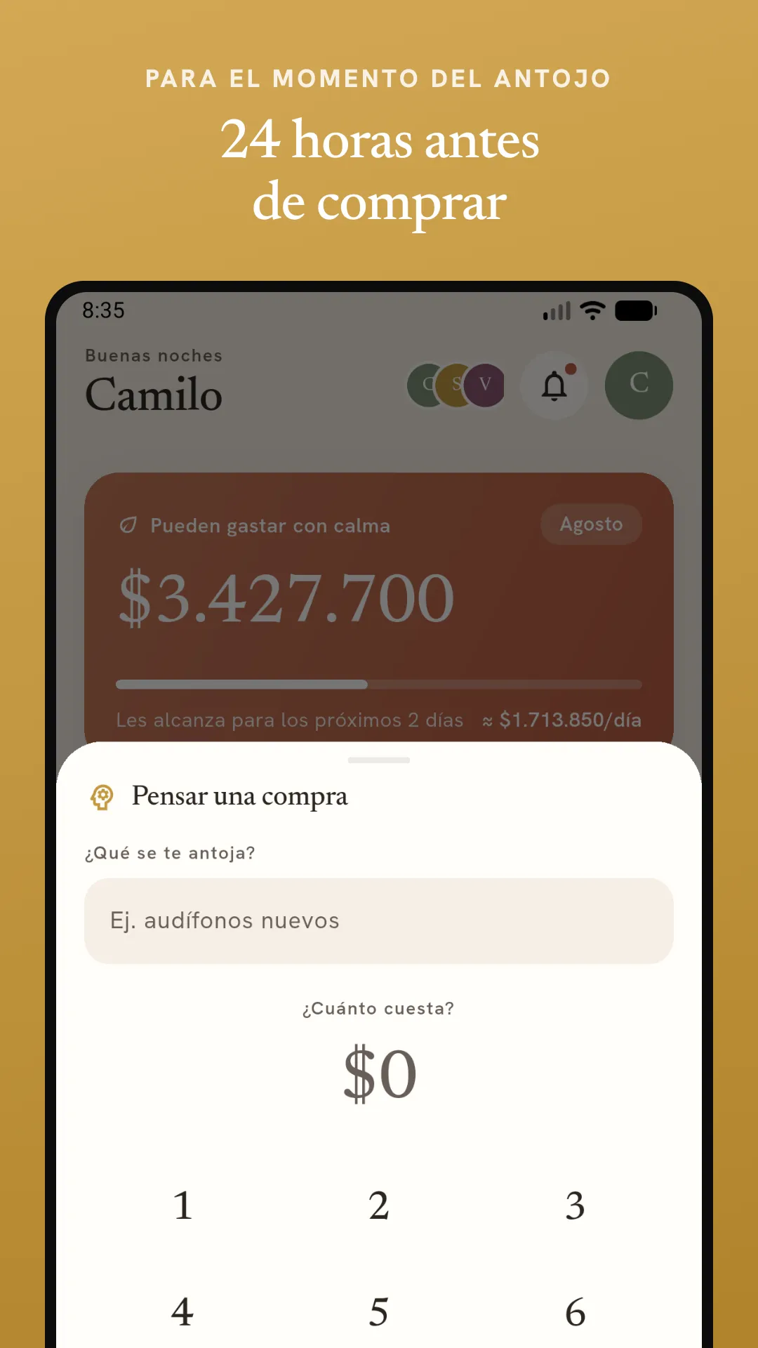Pantalla de la pausa de 24 horas de Manada, con el campo para anotar el antojo y su precio