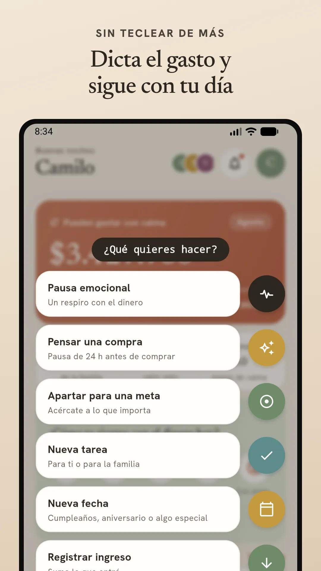 Menú de acciones rápidas de Manada con las opciones para registrar un gasto, pensar una compra o apartar para una meta
