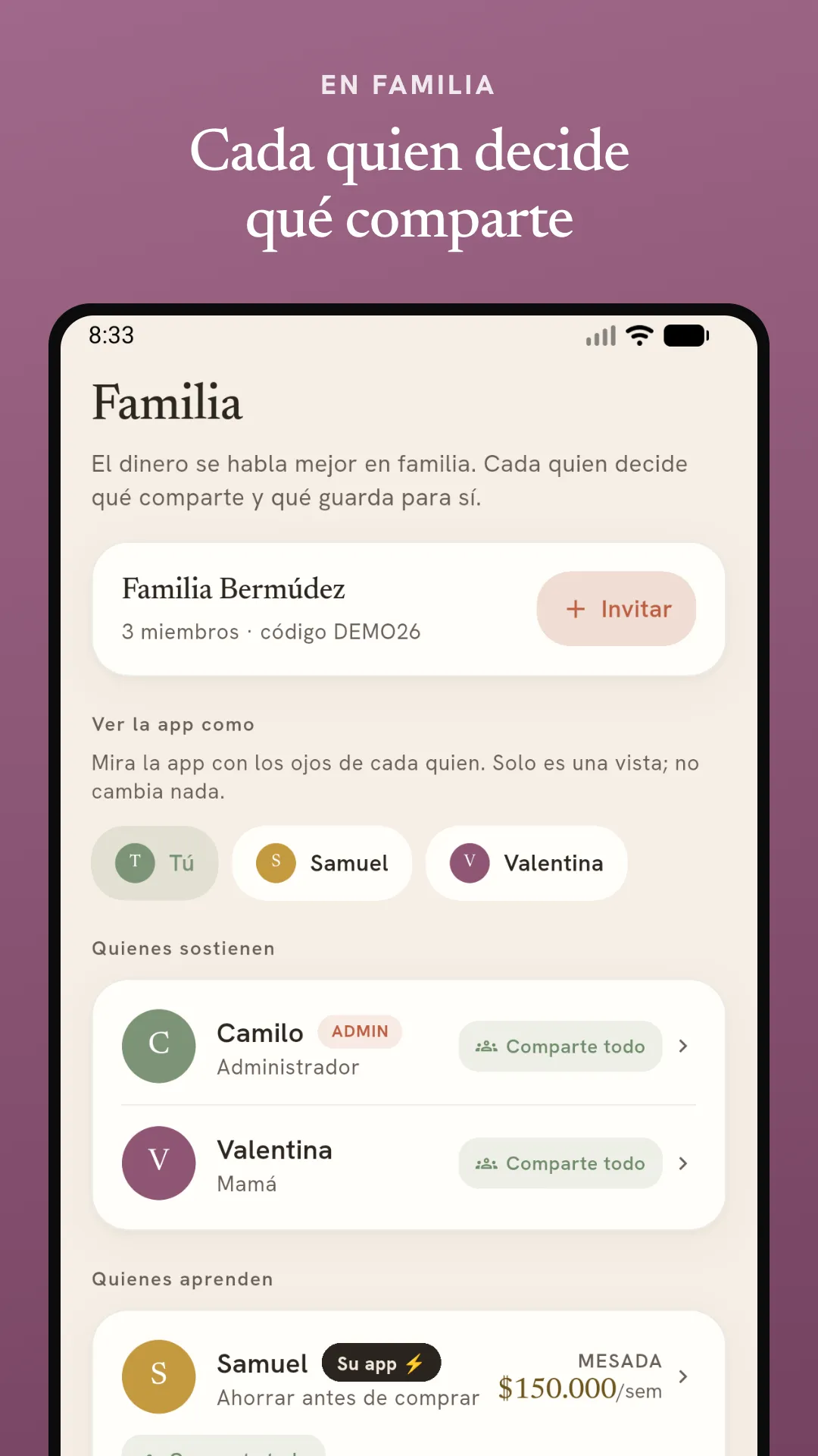 Pantalla de familia de Manada con los miembros, lo que comparte cada uno y el espacio de los hijos