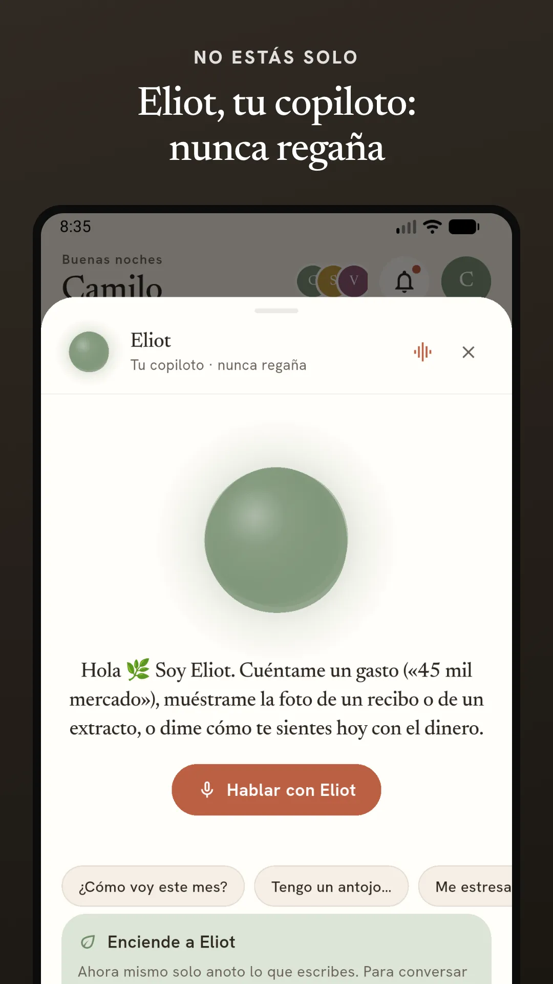 Pantalla del copiloto Eliot de Manada, con el consentimiento previo para activarlo
