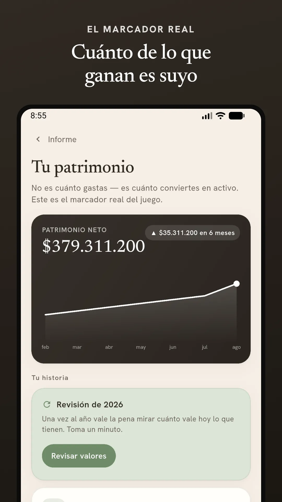 Pantalla de patrimonio de Manada con la evolución del patrimonio neto en el tiempo