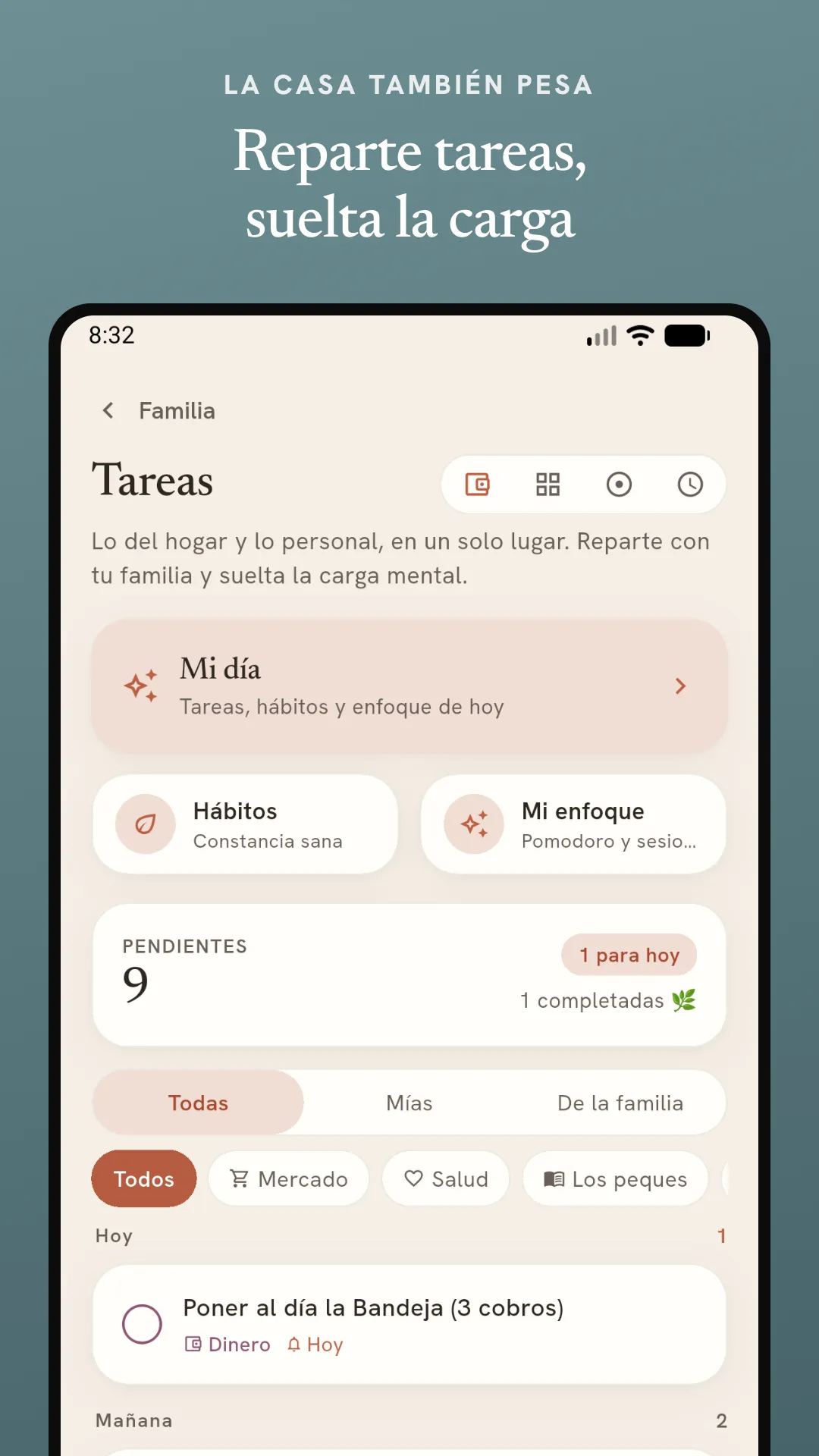Pantalla de tareas del hogar de Manada con el reparto entre los miembros de la familia