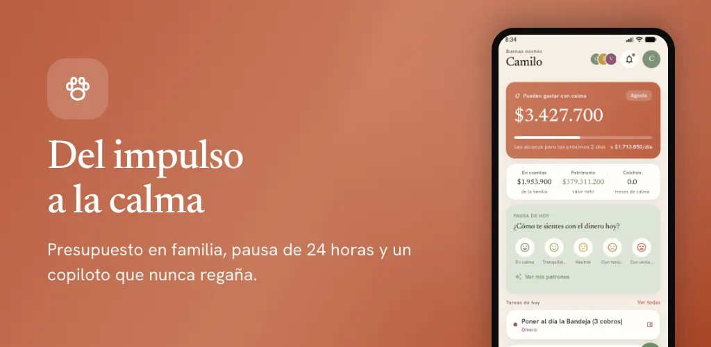 Gráfico de portada de Manada: «Del impulso a la calma», junto a la pantalla de inicio de la app