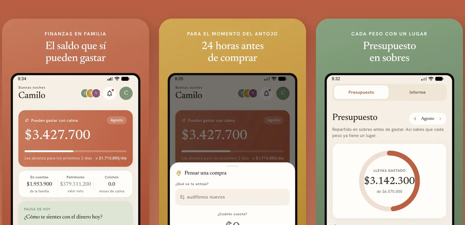 Tres pantallas de la app Manada: el saldo disponible, la pausa de 24 horas y el presupuesto en sobres